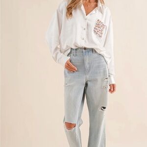 blue b. Collection Size M Elegant White Embellished Blouse Size M